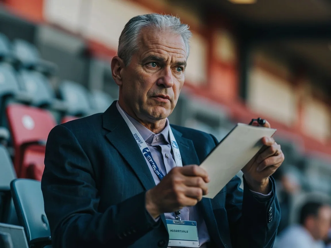 A sports beat reporter holding a small notebook open and a pen mid-note in the press area