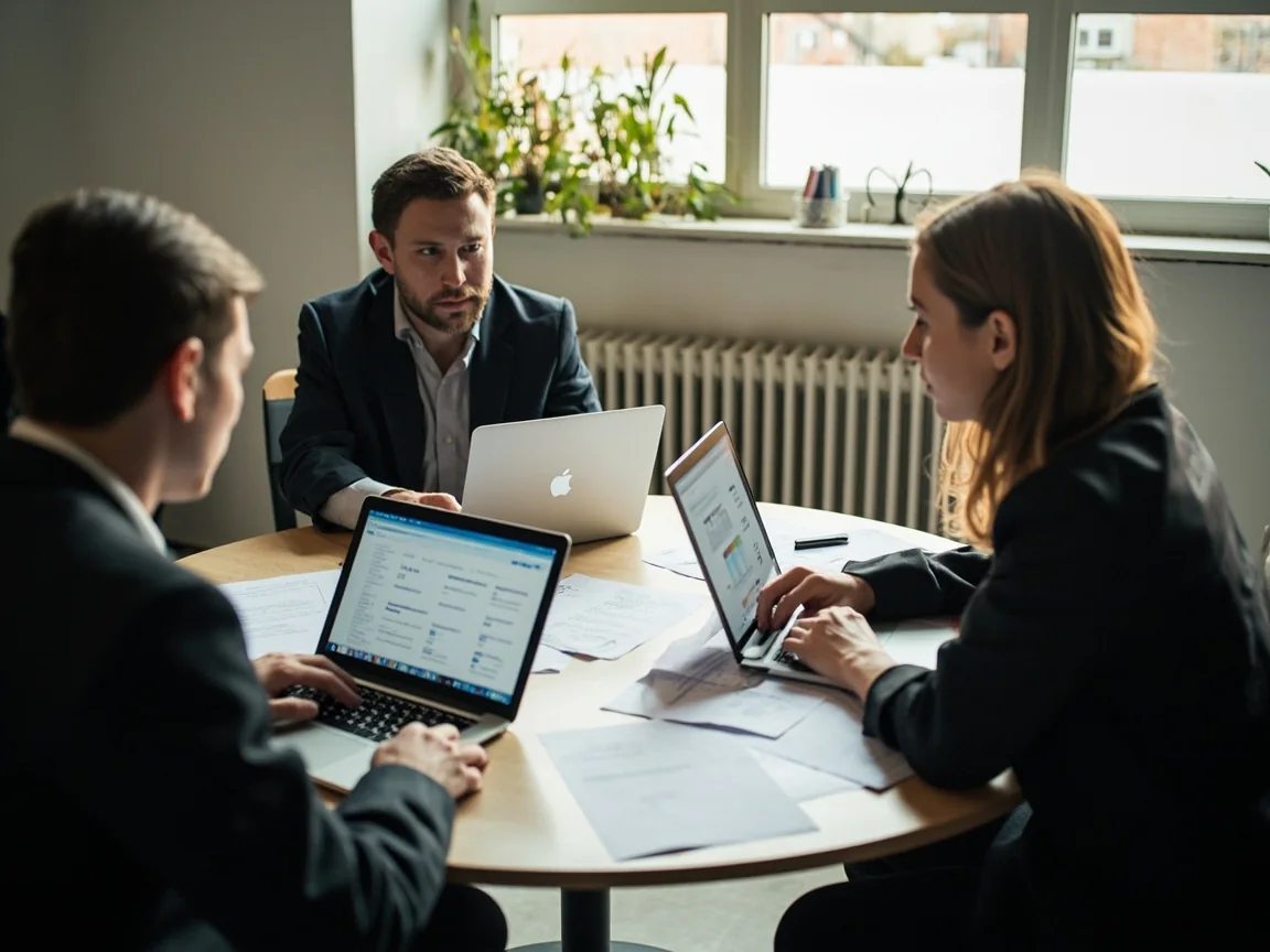 Three editorial staff at a small round table in a daylight office with two laptops open