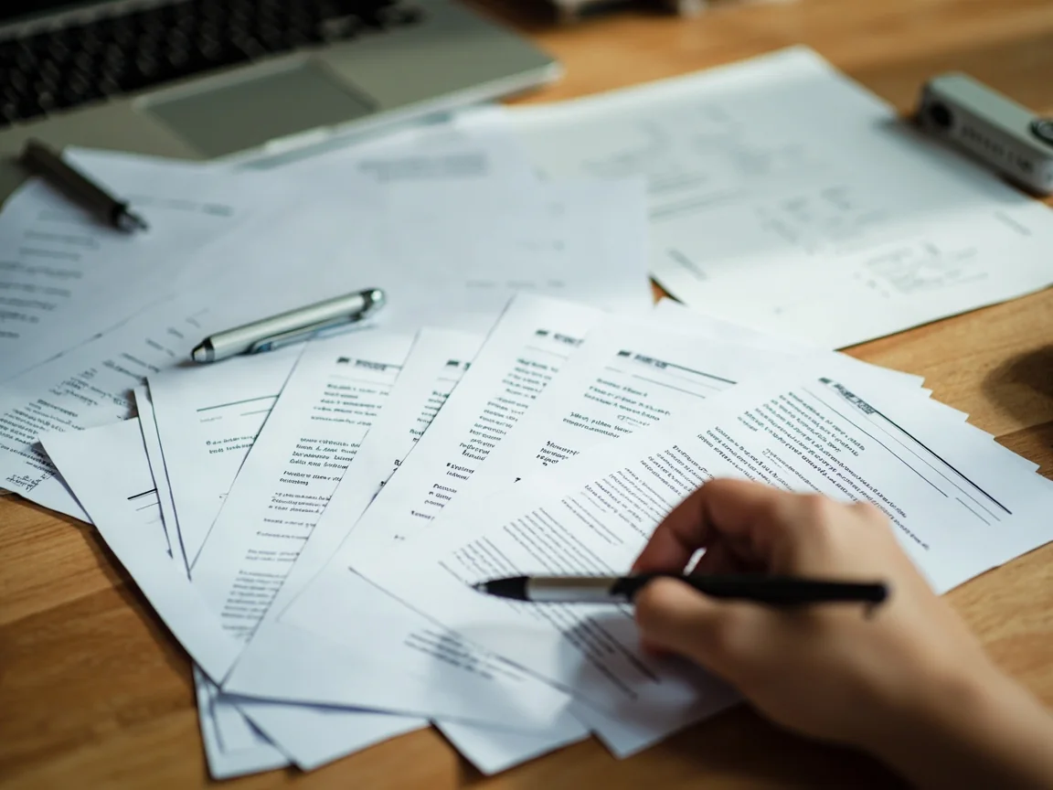 A desk surface with multiple research printouts stacked and fanned, a hand resting on one sheet
