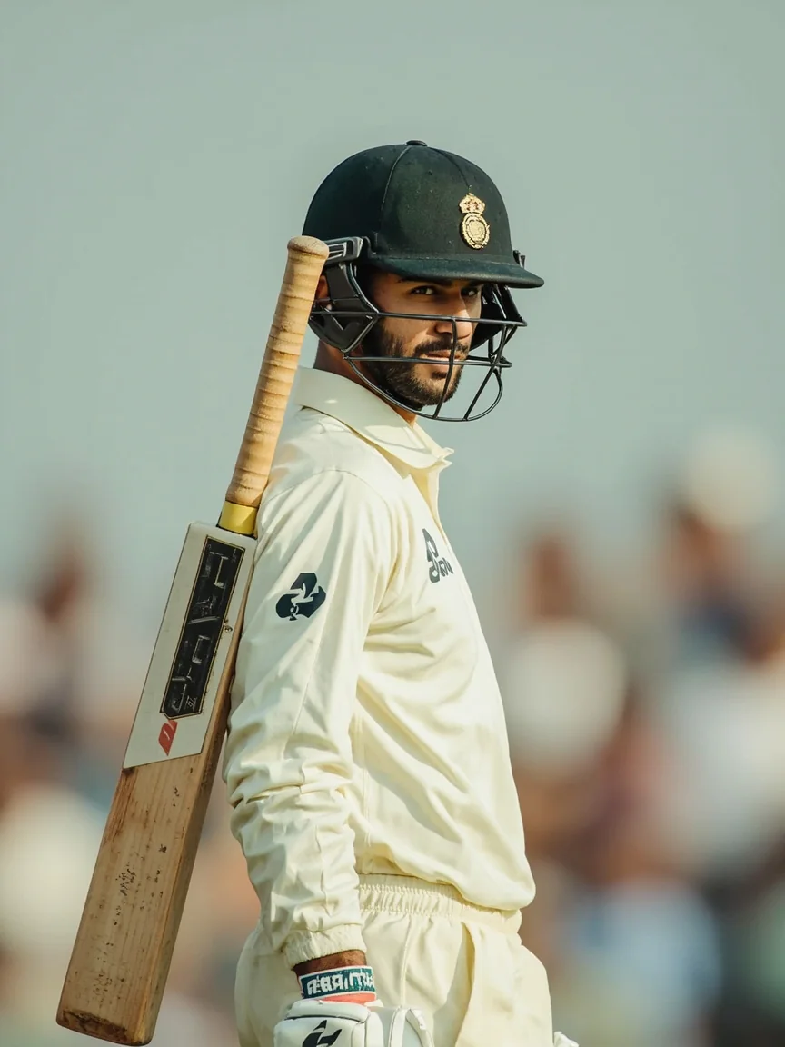 A top-order batsman walking out with bat on shoulder