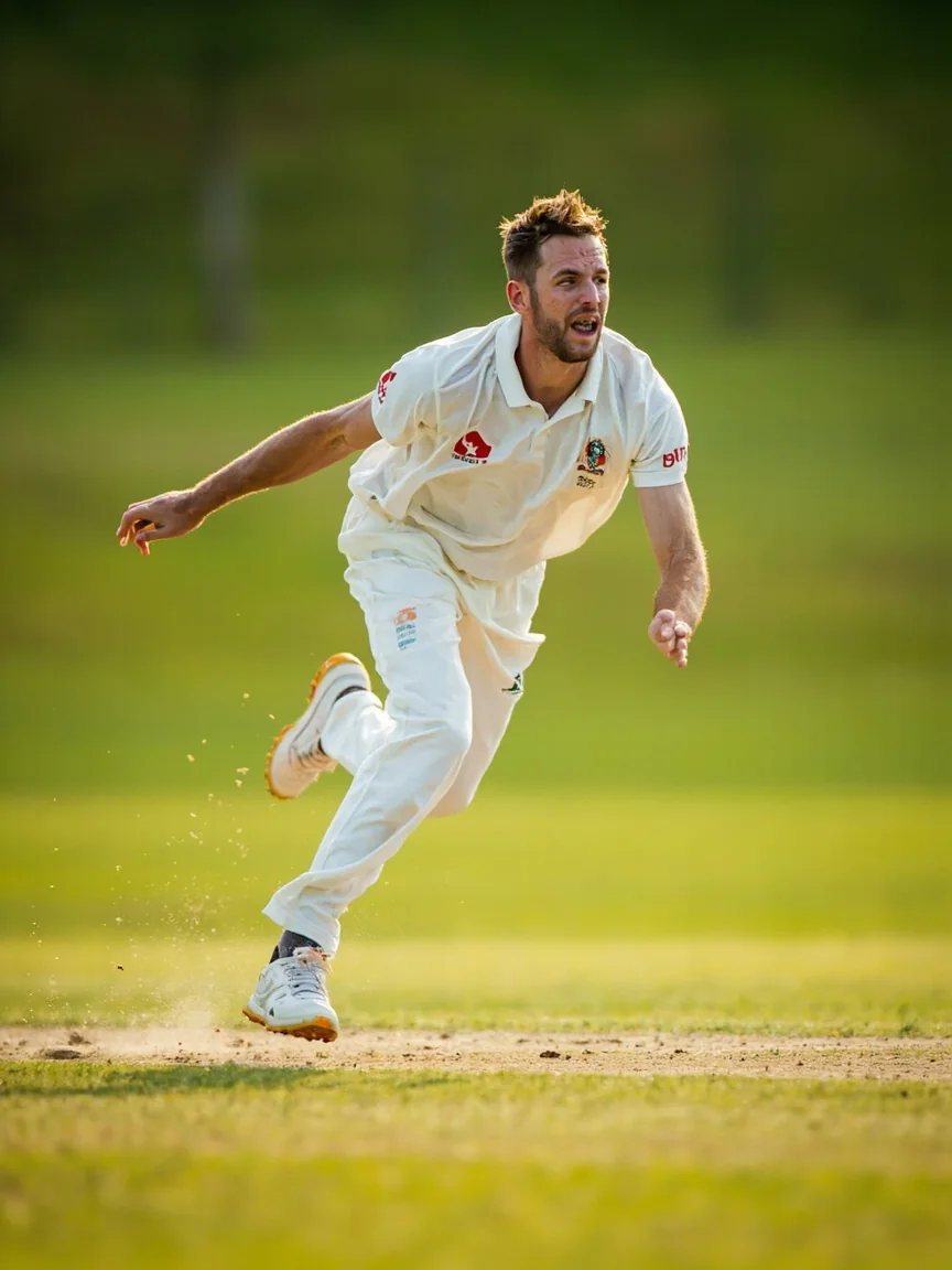 A fast bowler captured mid run-up