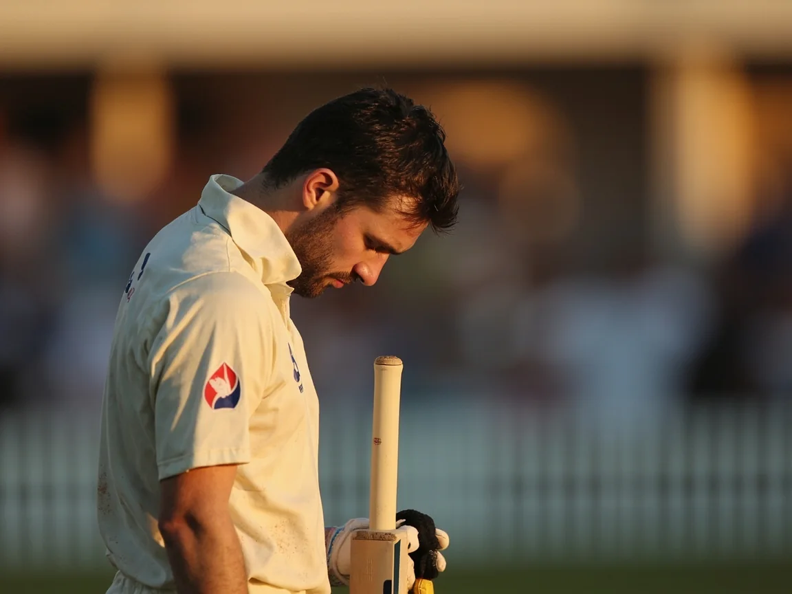 An all-rounder walking off the field after being dismissed, bat resting on shoulder