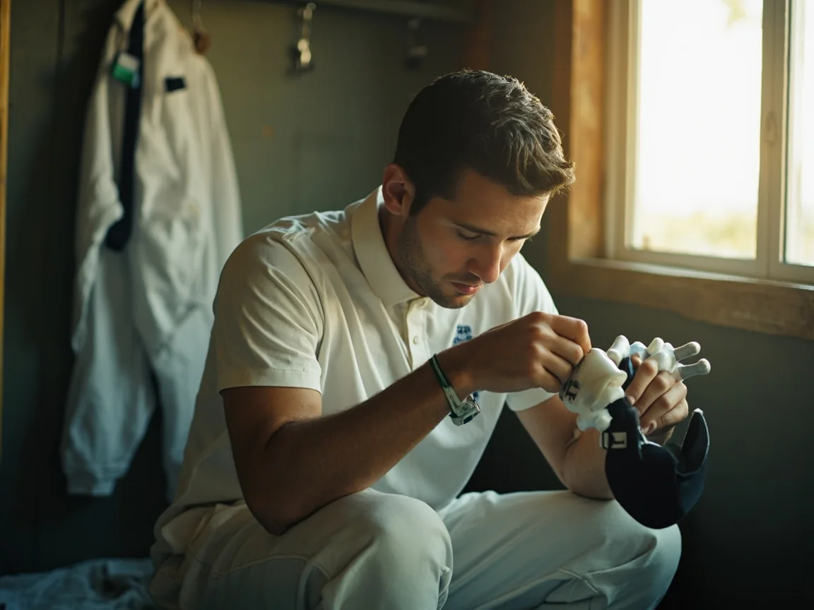 A batsman sitting on the dressing-room bench adjusting his pads