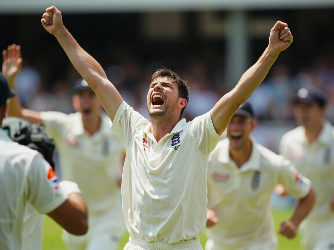 A fast bowler celebrating a wicket with arms raised and mouth open shouting