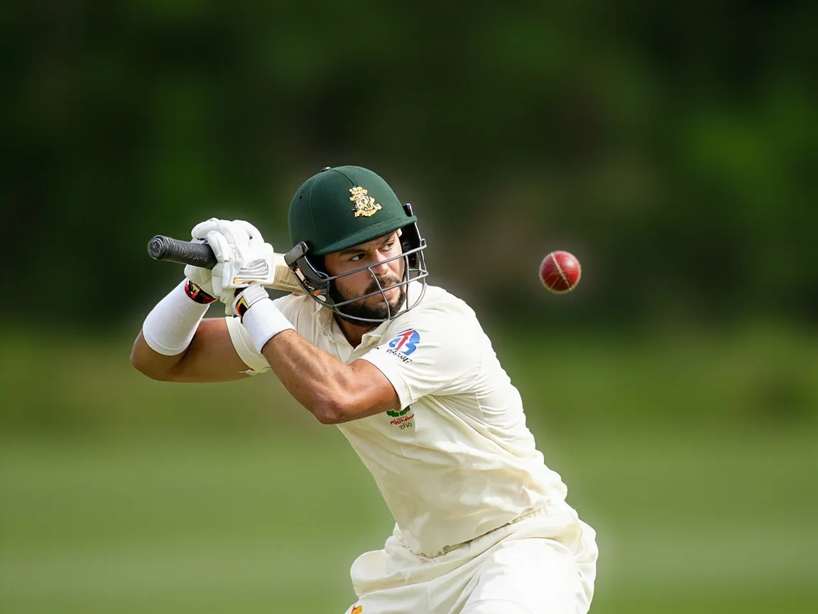 A batsman playing a cover drive with the ball mid-flight off the bat face