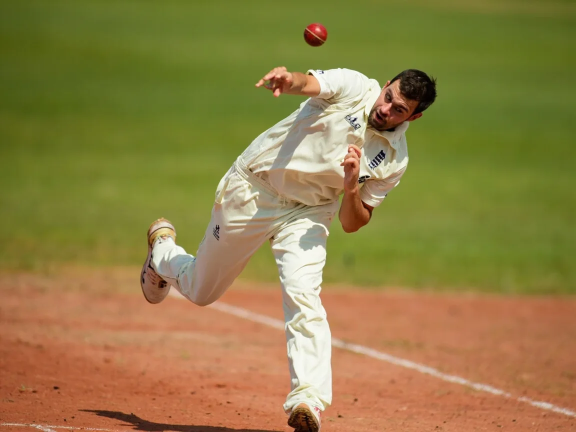 A fast bowler at the moment of release from the batsman's end side view