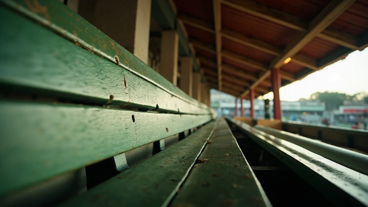 Pavilion balcony with painted wooden seating rows and terracotta tile roof overhang
