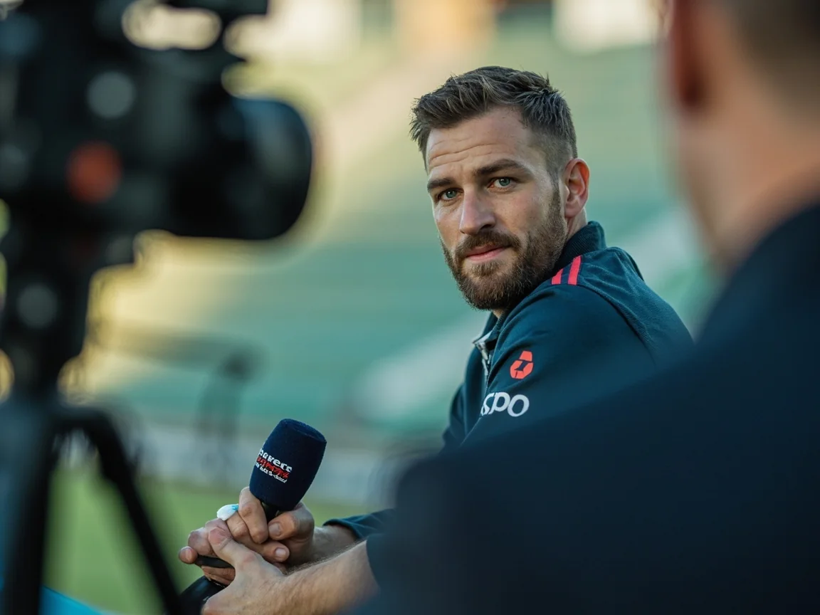A player seated for a media interview with a broadcaster's handheld microphone visible