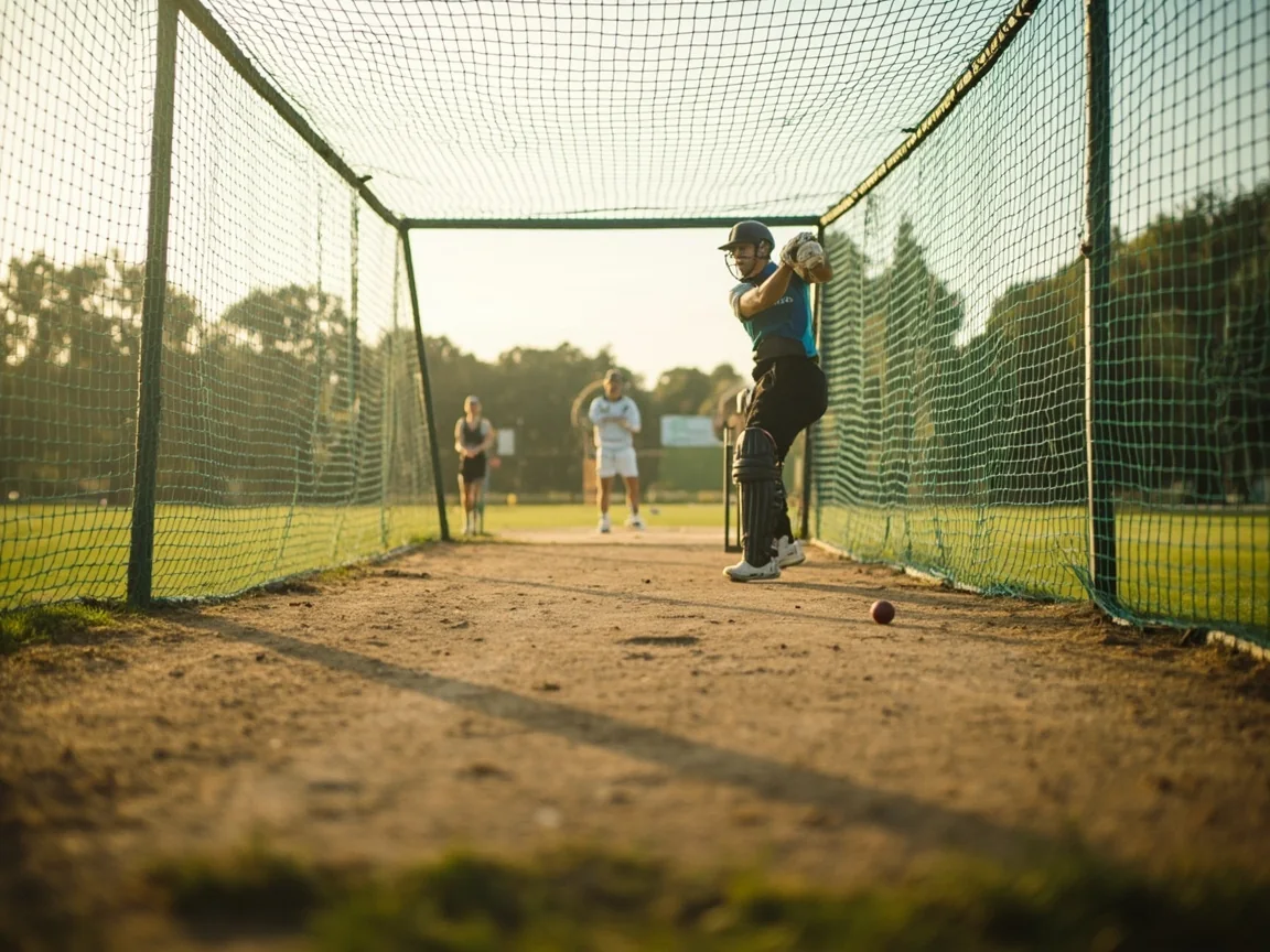 An outdoor practice net session with players visible inside through the mesh