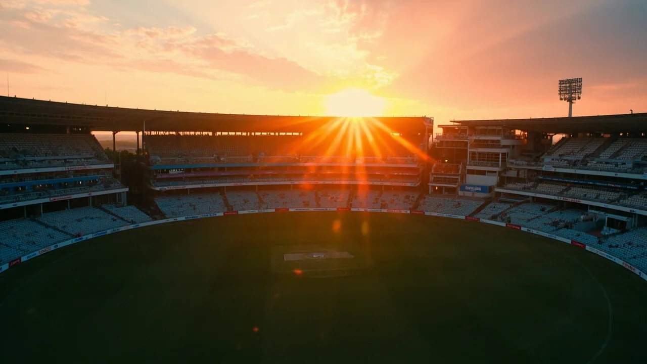 A cricket stadium from a high vantage point at golden hour