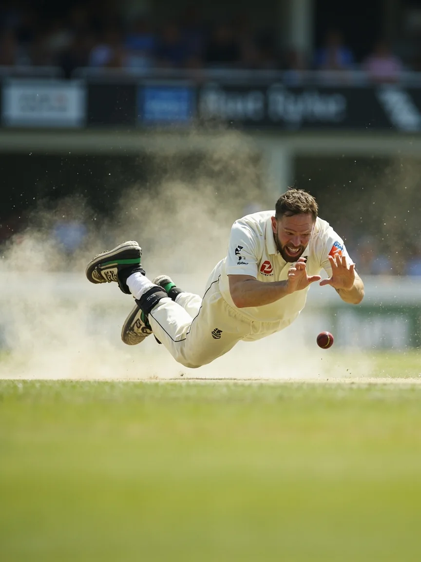 A slip fielder diving to his left at full stretch to catch the ball