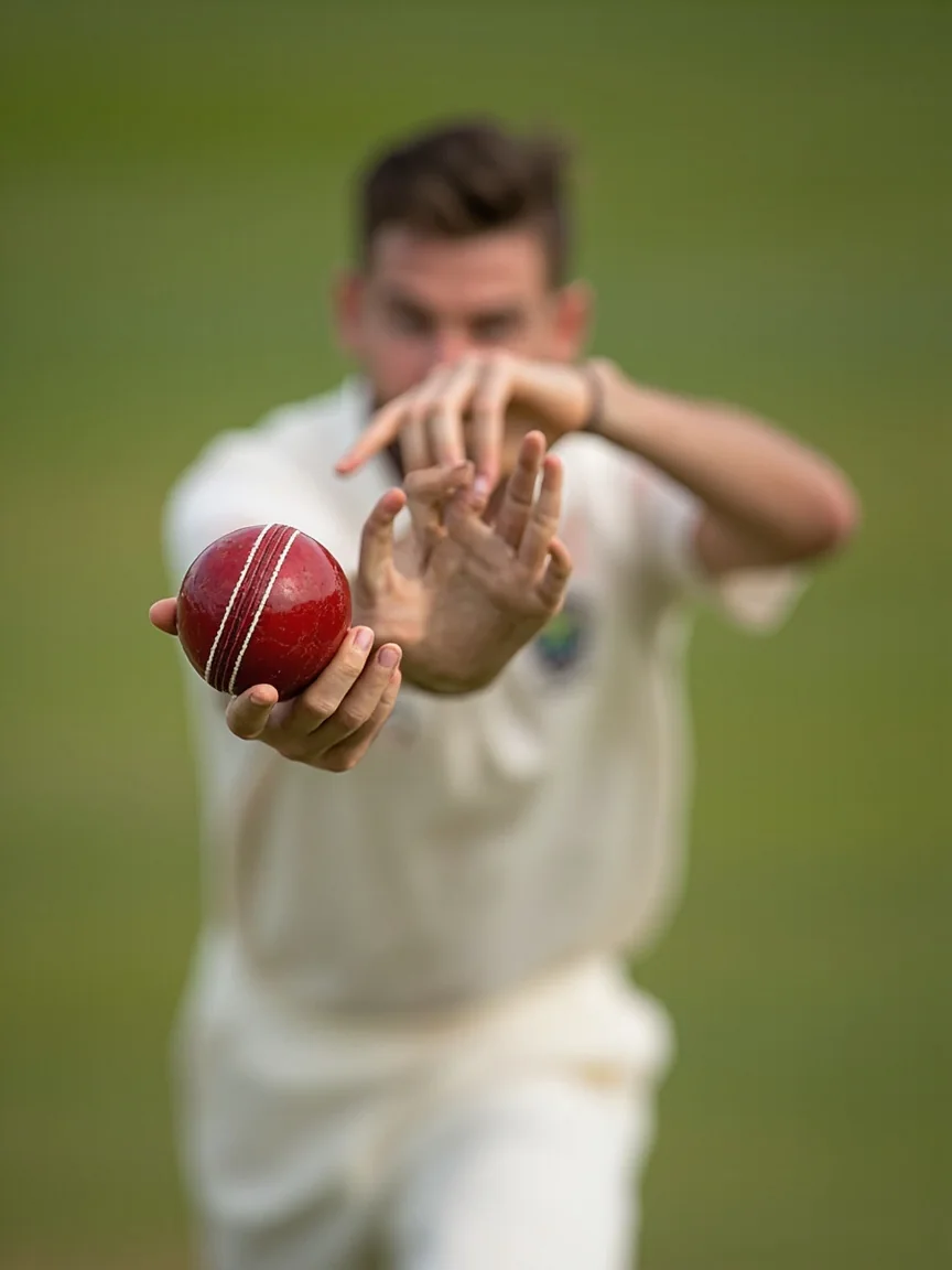A spin bowler at the exact point of delivery release with fingers gripping the ball