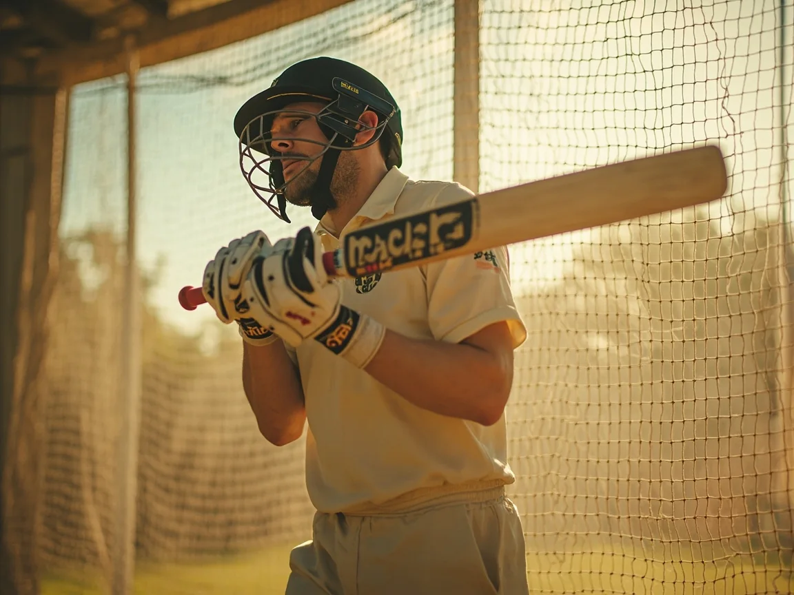 A batsman in indoor nets with side stance and bat drawn back