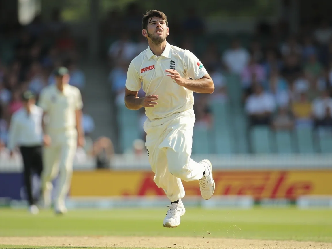 A fast bowler in mid run-up with arms pumping and front foot rising