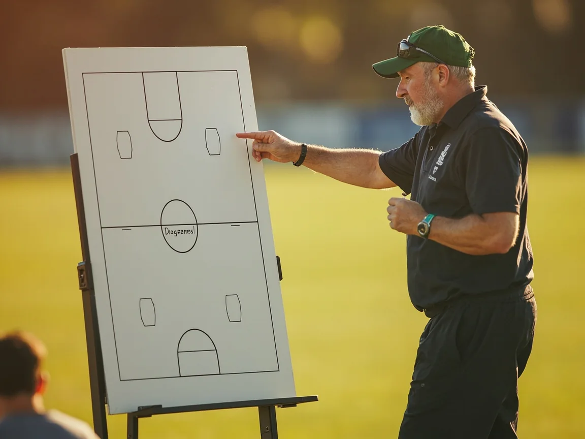 A head coach standing on the grass beside a small portable tactical whiteboard