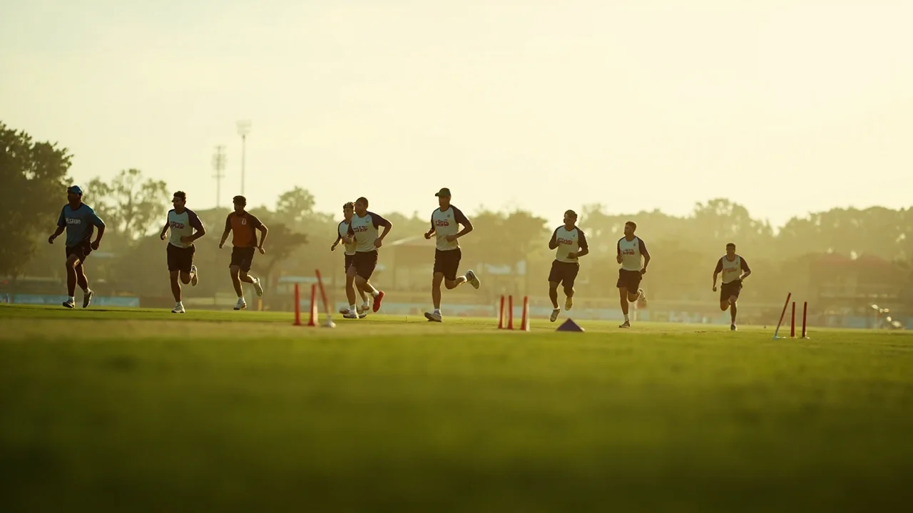 A team training session on outfield grass with multiple players running fitness drills